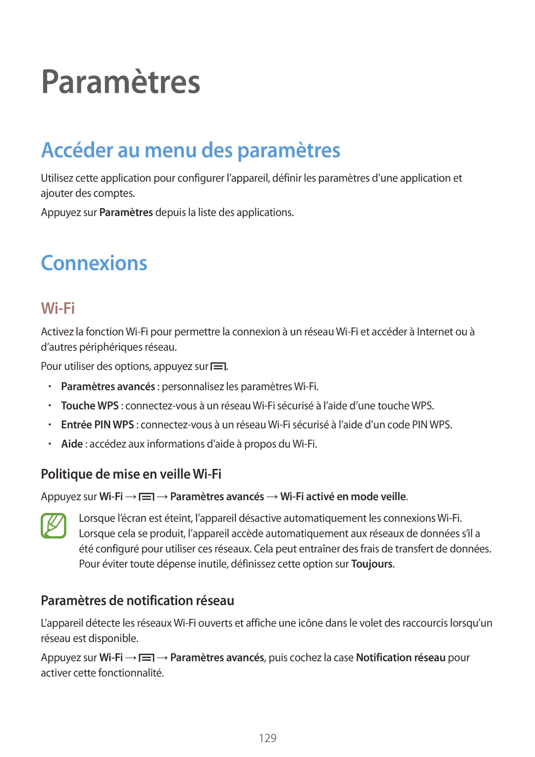 Samsung GT-I9505ZWEXEF, GT-I9505ZKEXEF Accéder au menu des paramètres, Connexions, Politique de mise en veille Wi-Fi 