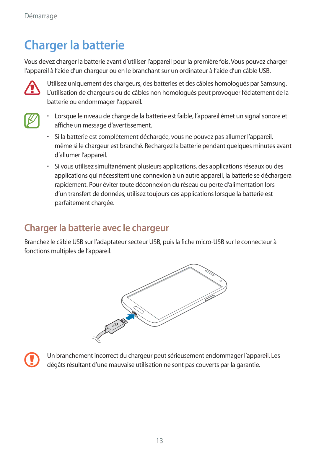 Samsung GT-I9505DKYSFR, GT-I9505ZKEXEF, GT-I9505ZIASFR, GT-I9505ZBAXEF manual Charger la batterie avec le chargeur 