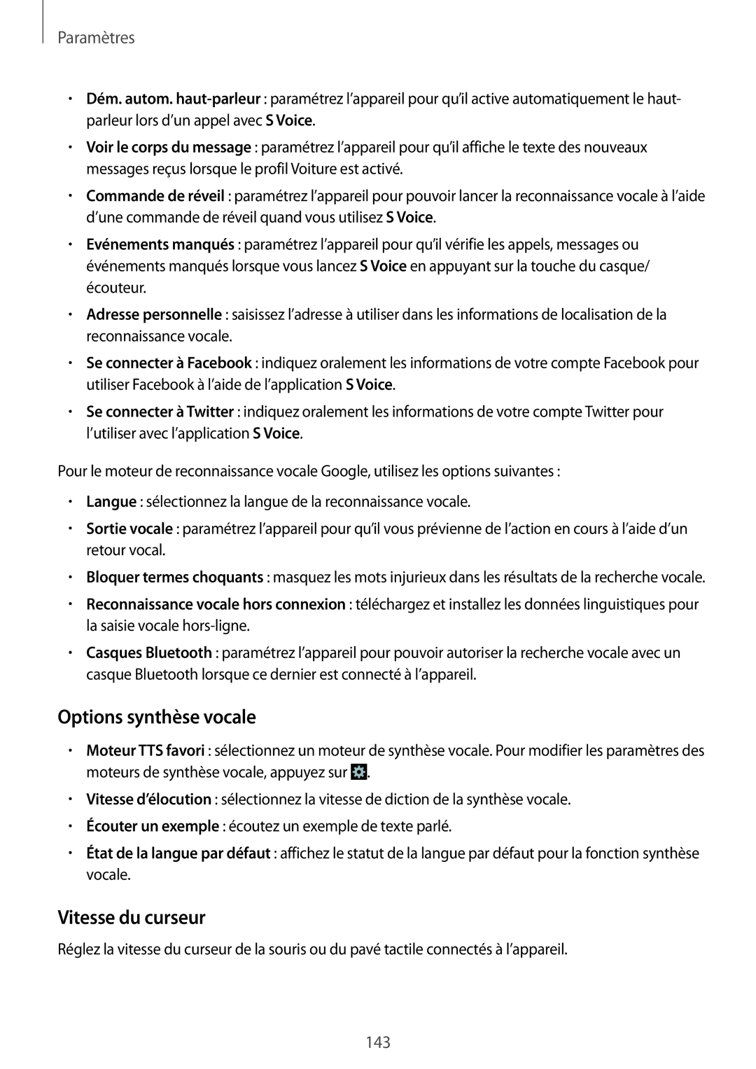 Samsung GT-I9505ZWASFR, GT-I9505ZKEXEF, GT-I9505ZIASFR, GT-I9505ZBAXEF manual Options synthèse vocale, Vitesse du curseur 