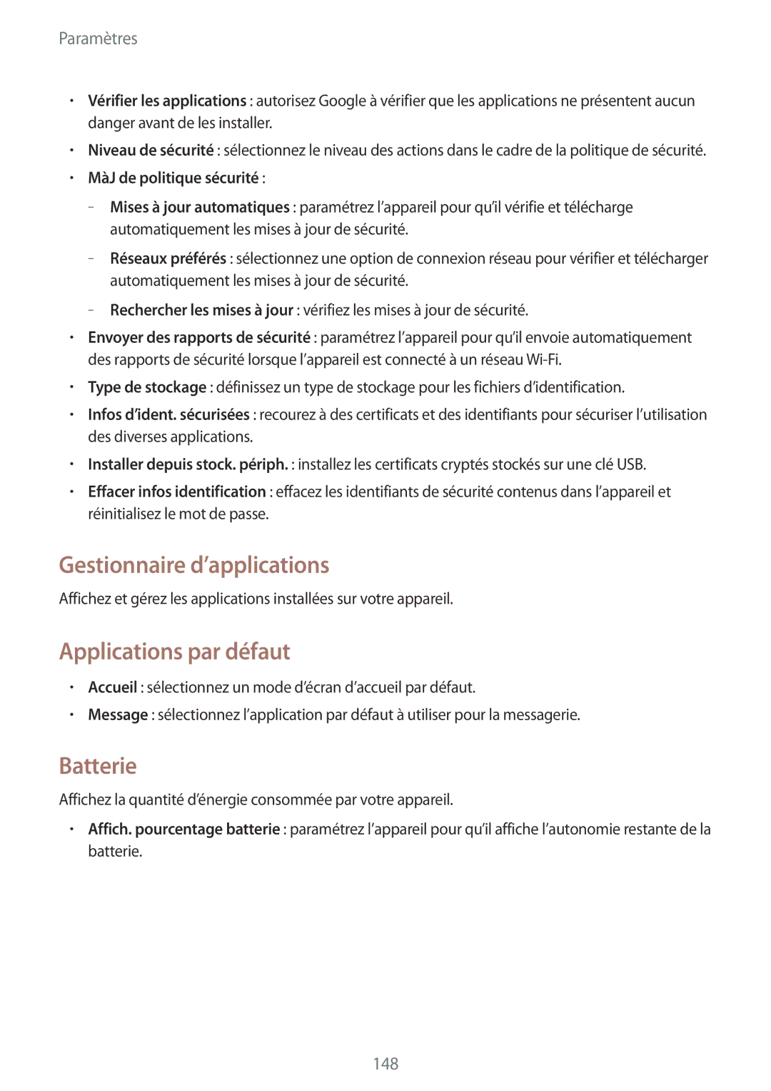 Samsung GT-I9505ZWANRJ manual Gestionnaire d’applications, Applications par défaut, Batterie, MàJ de politique sécurité 