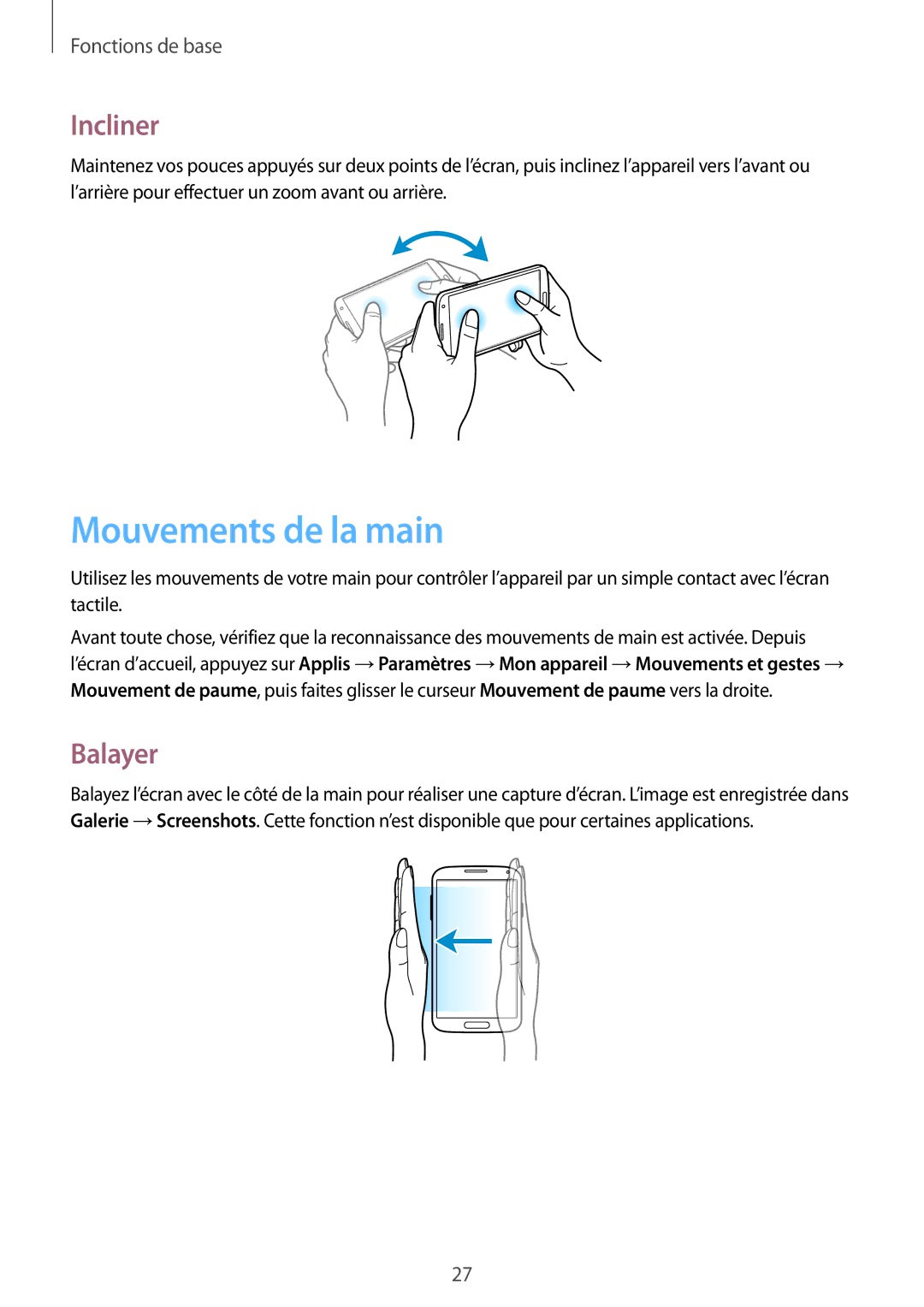 Samsung GT-I9505ZWAXEF, GT-I9505ZKEXEF, GT-I9505ZIASFR, GT-I9505ZBAXEF manual Mouvements de la main, Incliner, Balayer 