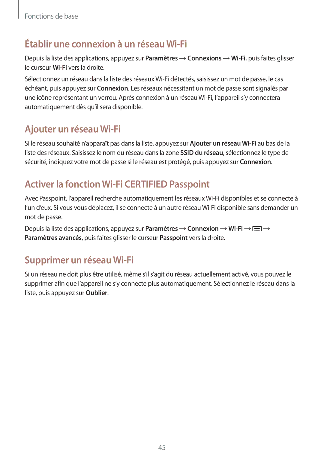 Samsung GT-I9505ZWAXEF manual Établir une connexion à un réseau Wi-Fi, Ajouter un réseau Wi-Fi, Supprimer un réseau Wi-Fi 