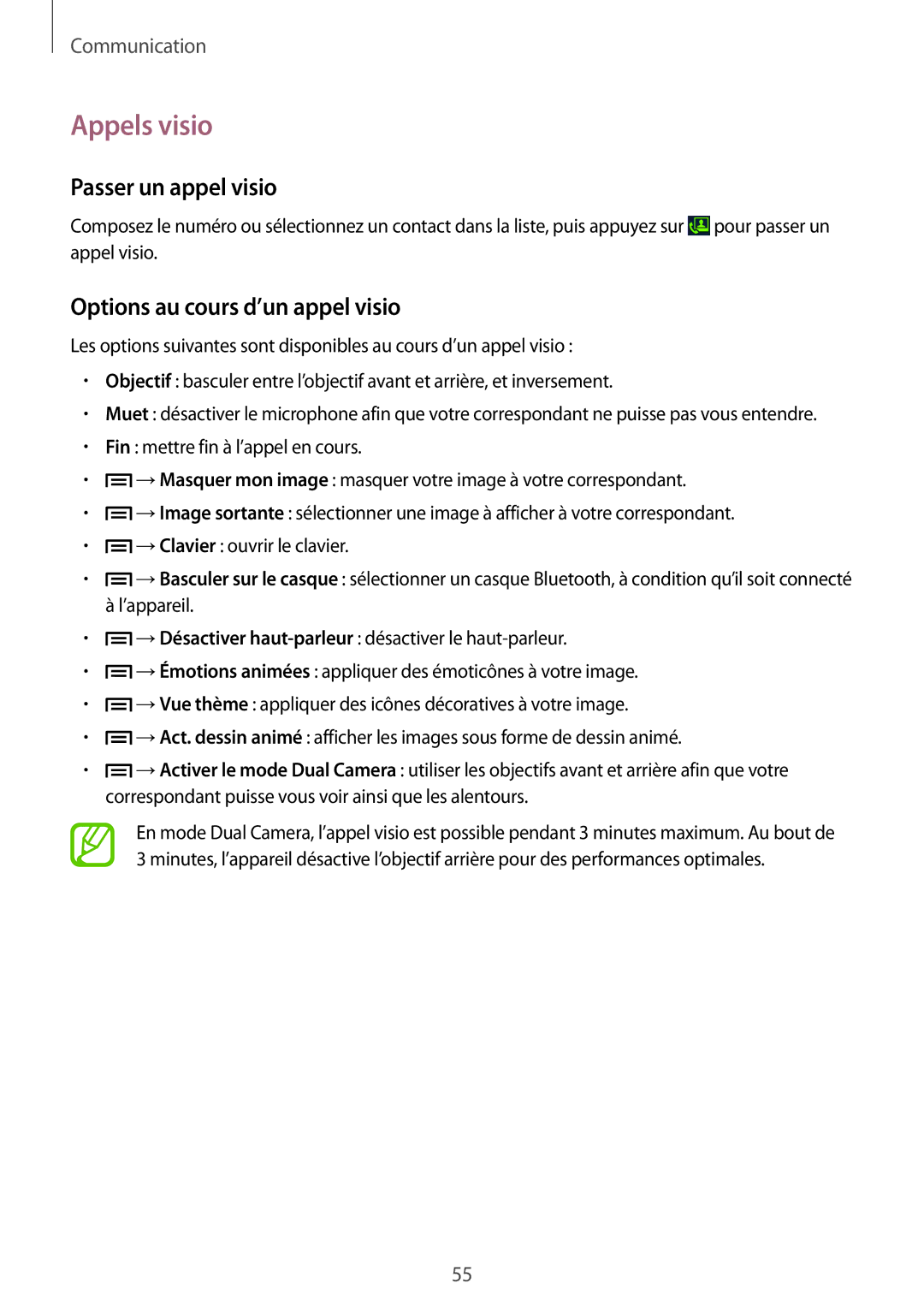 Samsung GT-I9505ZIASFR, GT-I9505ZKEXEF manual Appels visio, Passer un appel visio, Options au cours d’un appel visio 