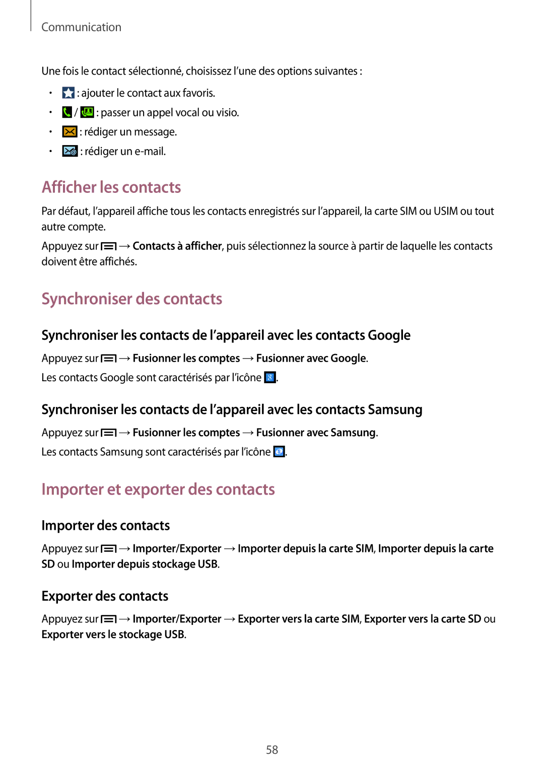 Samsung GT-I9505ZWANRJ, GT-I9505ZKEXEF Afficher les contacts, Synchroniser des contacts, Importer et exporter des contacts 
