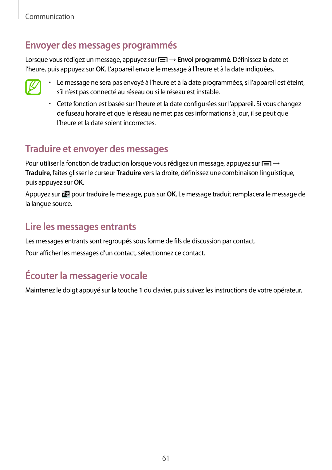 Samsung GT-I9505ZPAXEF manual Envoyer des messages programmés, Traduire et envoyer des messages, Lire les messages entrants 