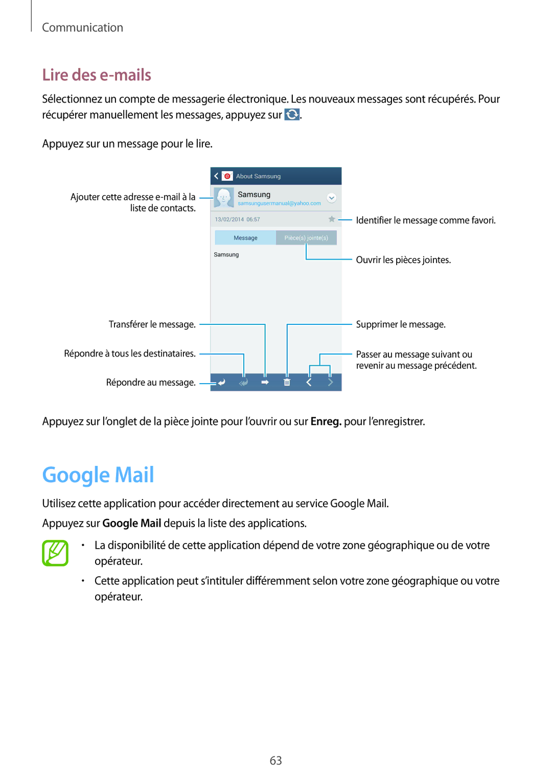 Samsung GT-I9505ZWAXEF, GT-I9505ZKEXEF, GT-I9505ZIASFR, GT-I9505ZBAXEF, GT-I9505ZWEXEF manual Google Mail, Lire des e-mails 