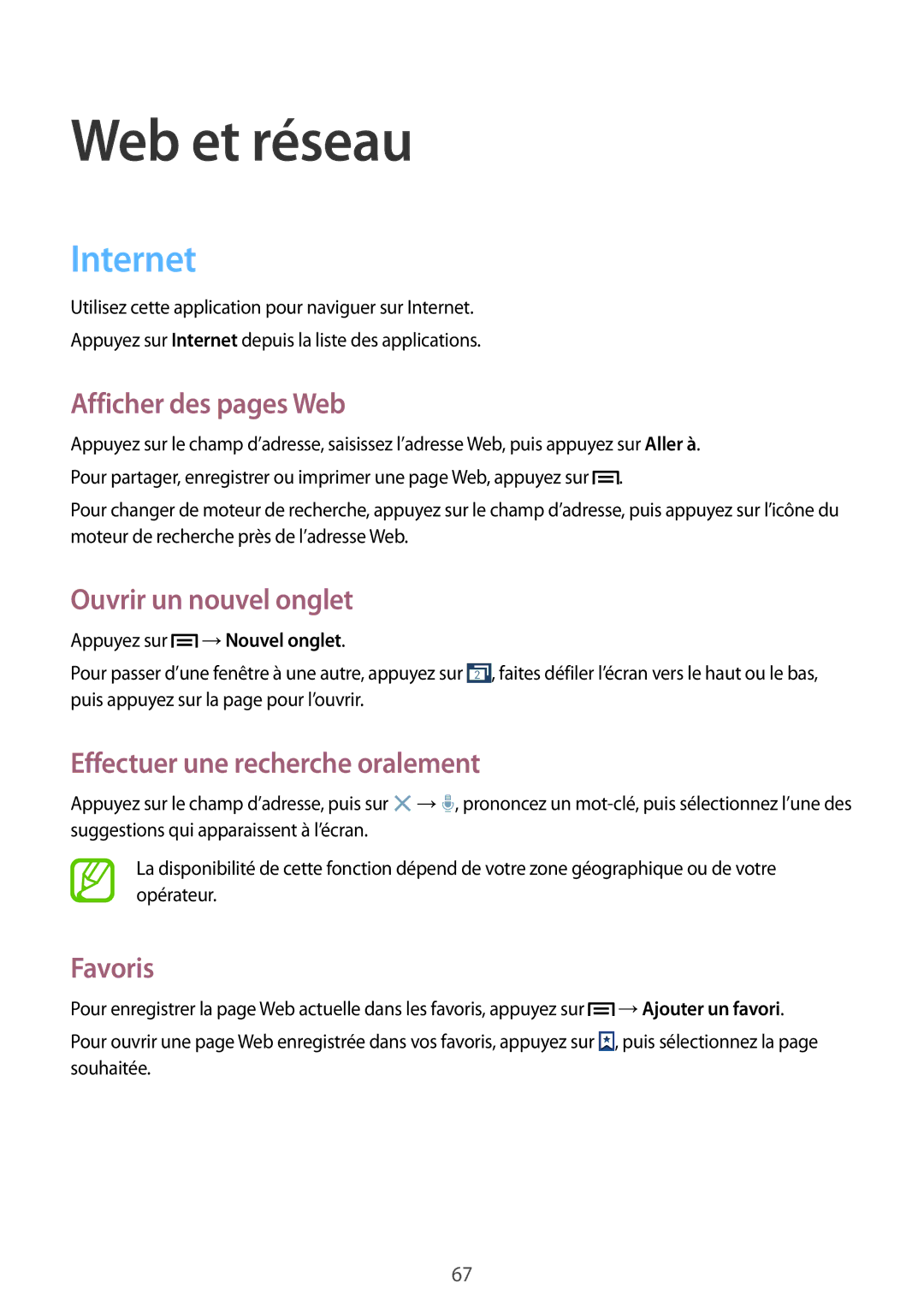 Samsung GT-I9505DKYSFR manual Internet, Afficher des pages Web, Ouvrir un nouvel onglet, Effectuer une recherche oralement 