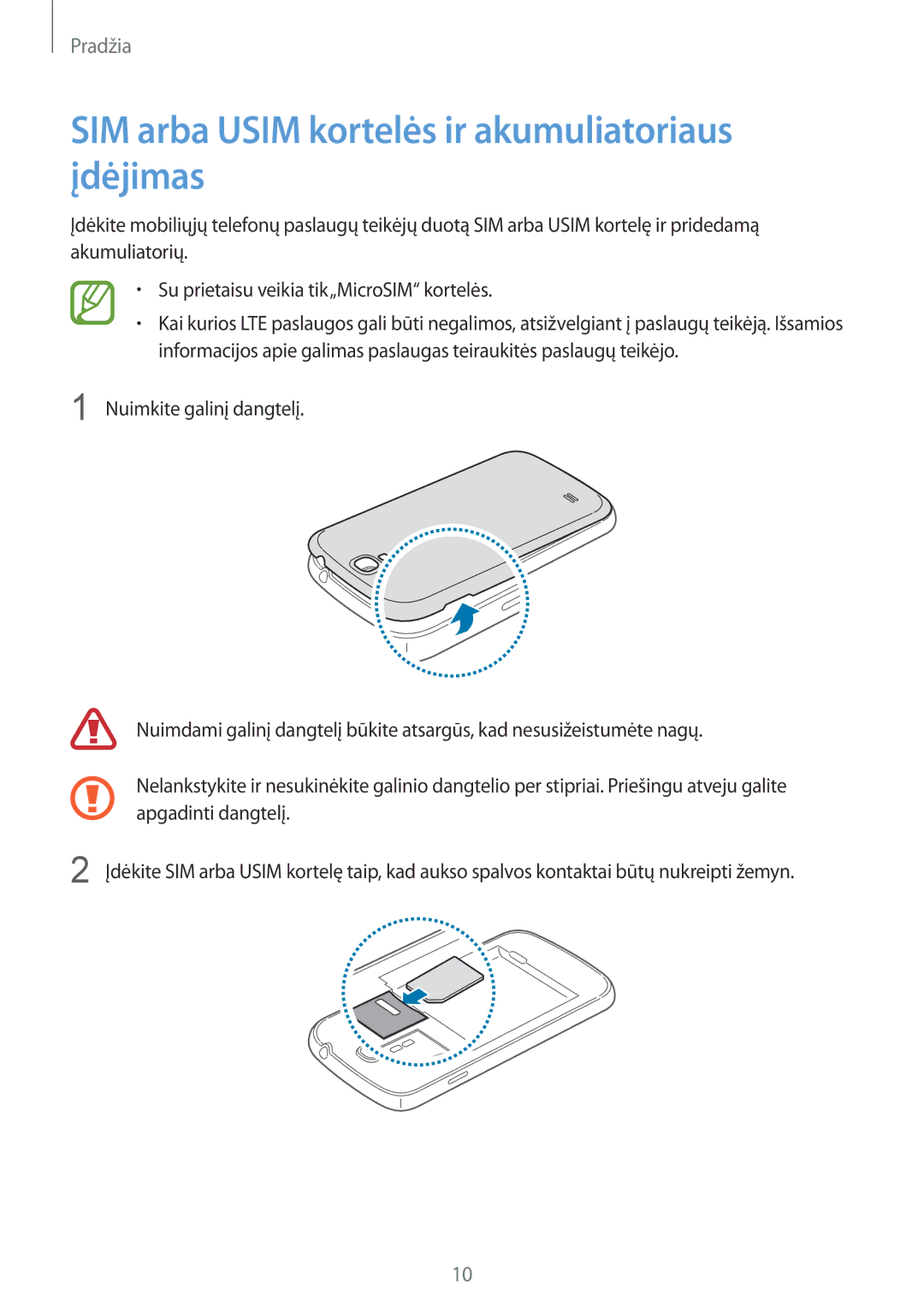 Samsung GT-I9505ZRASEB, GT-I9505ZRZSEB, GT-I9505DKYSEB, GT-I9505ZWASEB SIM arba Usim kortelės ir akumuliatoriaus įdėjimas 