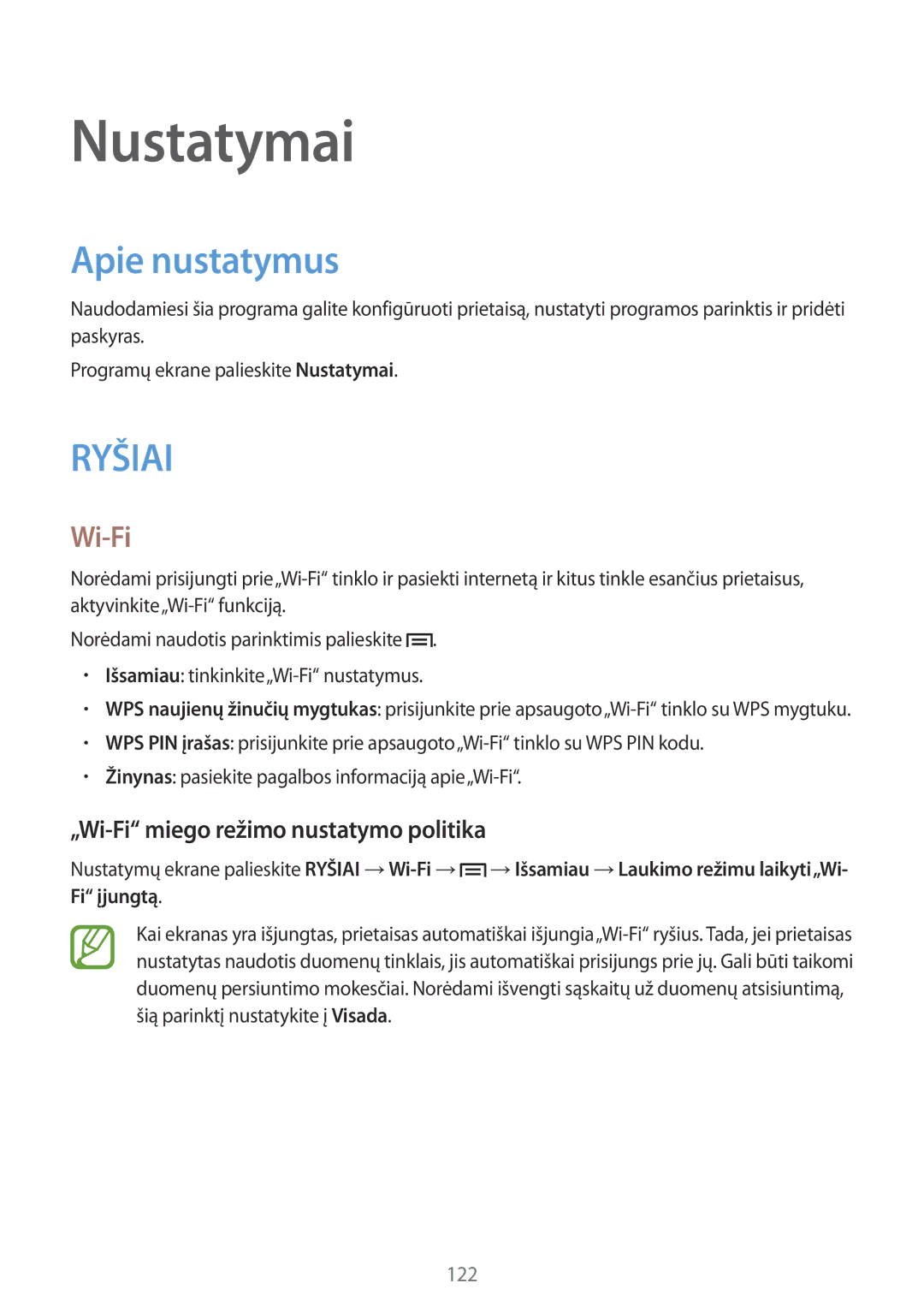 Samsung GT-I9505ZWASEB, GT-I9505ZRZSEB, GT-I9505DKYSEB manual Apie nustatymus, „Wi-Fi miego režimo nustatymo politika 