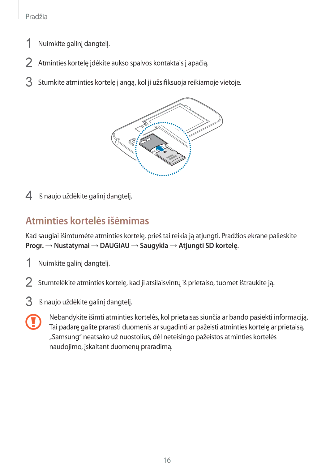 Samsung GT-I9505ZRASEB, GT-I9505ZRZSEB, GT-I9505DKYSEB, GT-I9505ZWASEB, GT-I9505ZKASEB manual Atminties kortelės išėmimas 