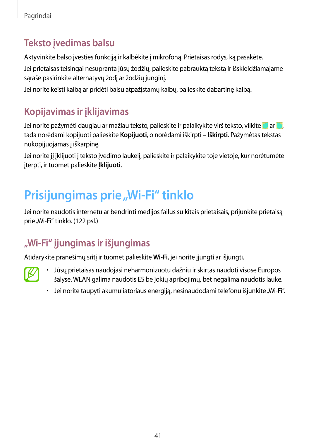 Samsung GT-I9505ZBASEB, GT-I9505ZRZSEB Prisijungimas prie„Wi-Fi tinklo, Teksto įvedimas balsu, Kopijavimas ir įklijavimas 
