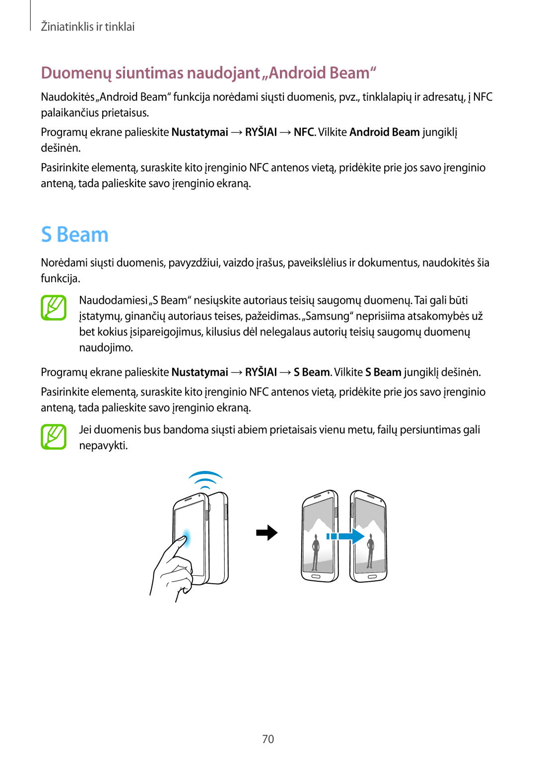 Samsung GT-I9505ZRASEB, GT-I9505ZRZSEB, GT-I9505DKYSEB, GT-I9505ZWASEB manual Duomenų siuntimas naudojant„Android Beam 