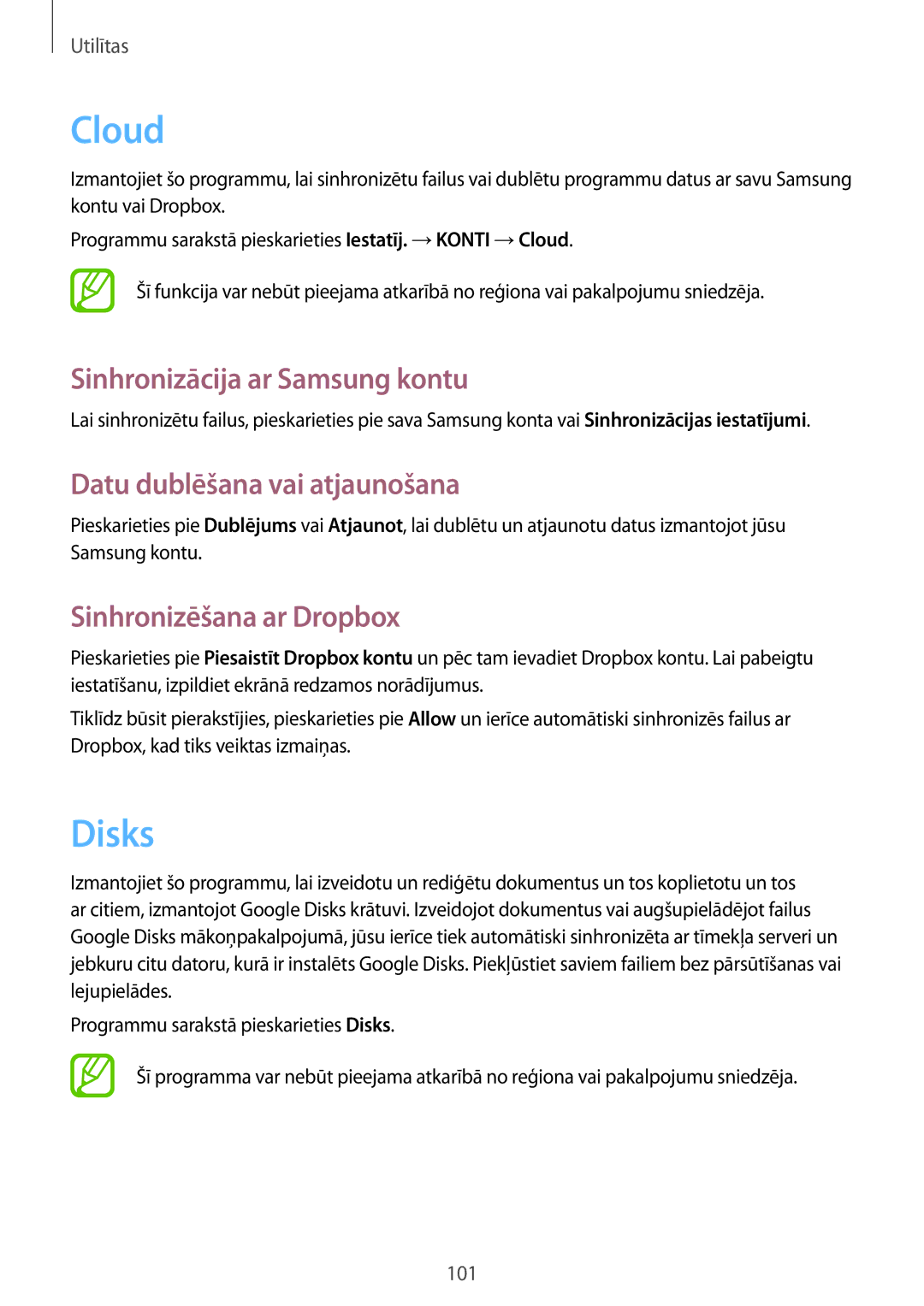 Samsung GT-I9505ZBASEB, GT-I9505ZRZSEB manual Cloud, Disks, Sinhronizācija ar Samsung kontu, Datu dublēšana vai atjaunošana 