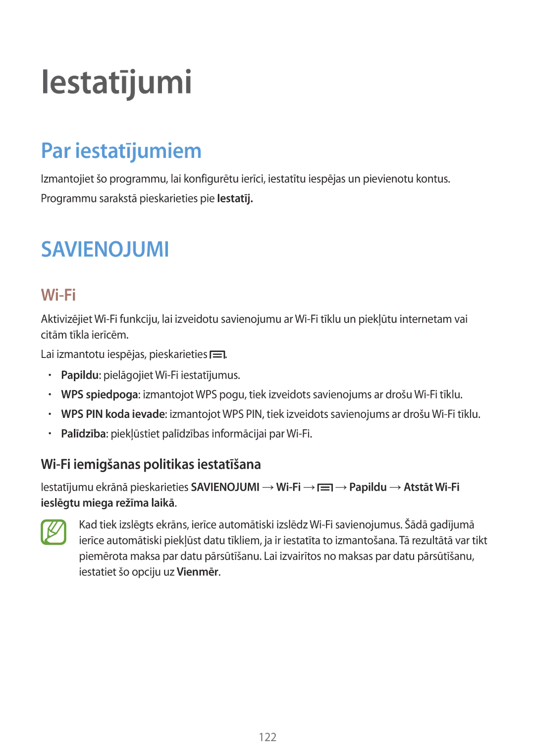 Samsung GT-I9505ZWASEB, GT-I9505ZRZSEB manual Iestatījumi, Par iestatījumiem, Wi-Fi iemigšanas politikas iestatīšana 