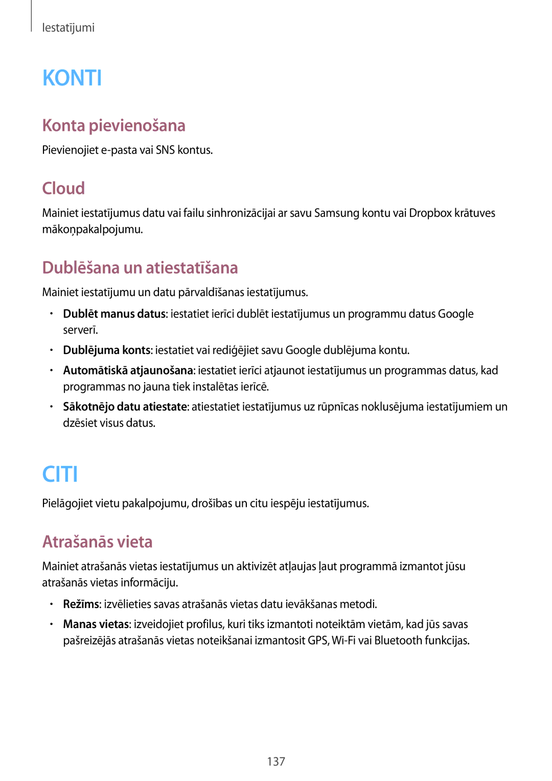 Samsung GT-I9505ZBASEB, GT-I9505ZRZSEB manual Konta pievienošana, Cloud, Dublēšana un atiestatīšana, Atrašanās vieta 