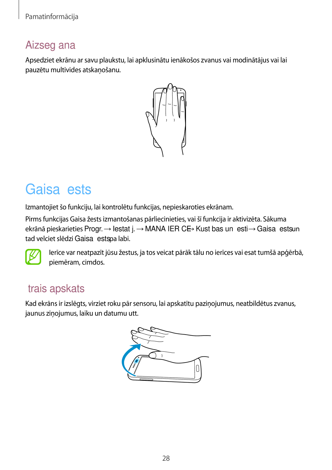 Samsung GT-I9505ZRASEB, GT-I9505ZRZSEB, GT-I9505DKYSEB, GT-I9505ZWASEB manual Gaisa žests, Aizsegšana, Ātrais apskats 