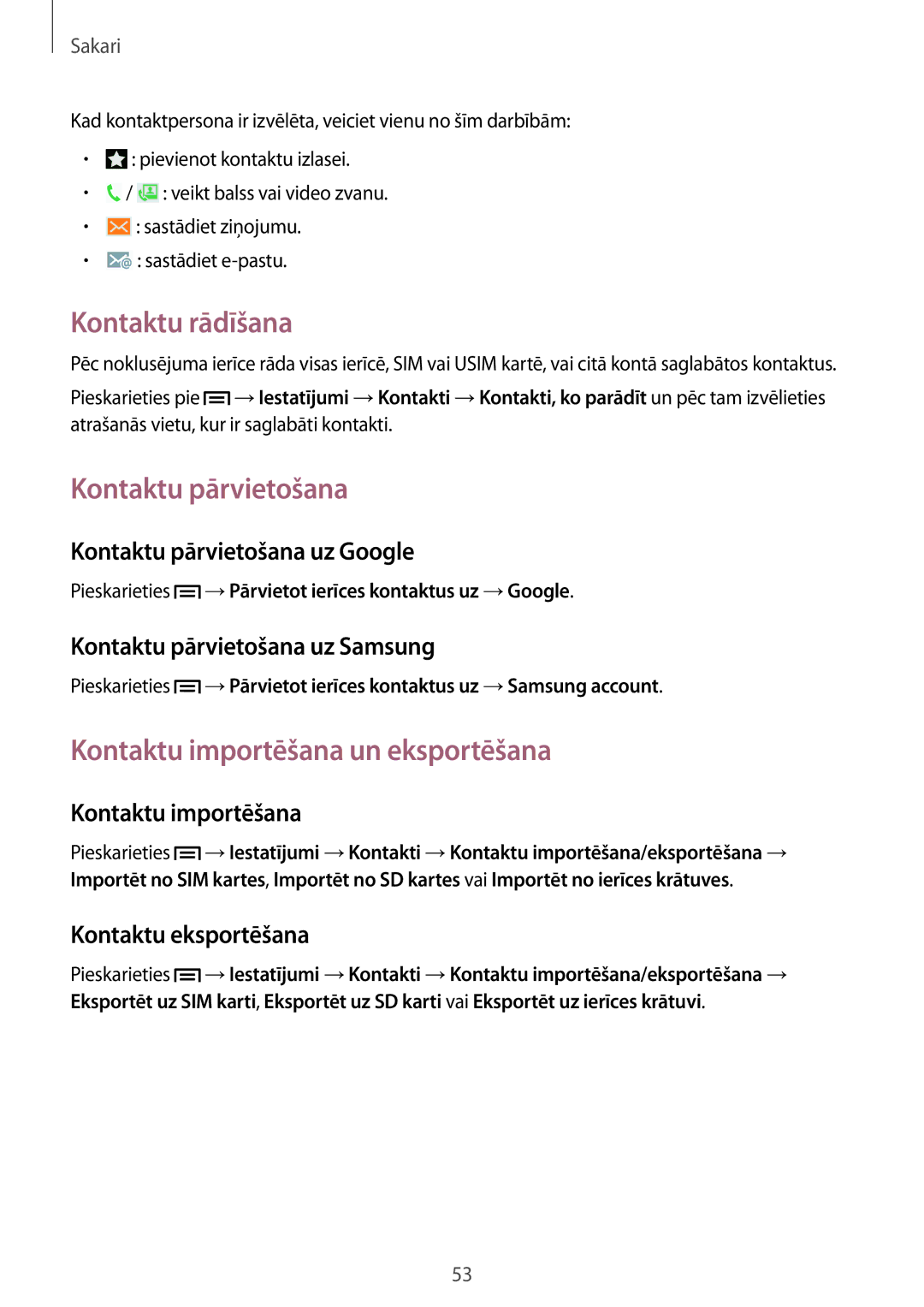 Samsung GT-I9505ZBASEB, GT-I9505ZRZSEB manual Kontaktu rādīšana, Kontaktu pārvietošana, Kontaktu importēšana un eksportēšana 