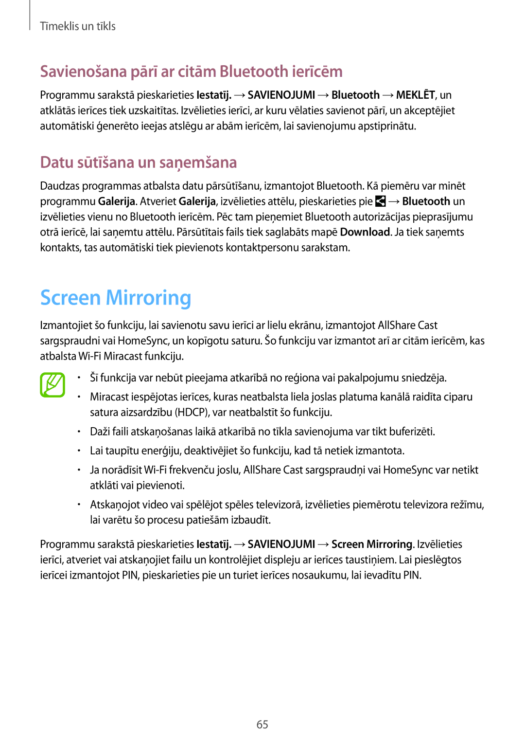 Samsung GT-I9505ZBASEB manual Screen Mirroring, Savienošana pārī ar citām Bluetooth ierīcēm, Datu sūtīšana un saņemšana 