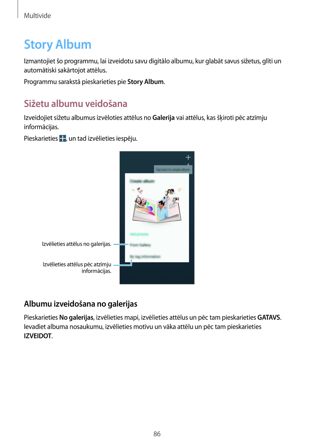 Samsung GT-I9505ZWASEB, GT-I9505ZRZSEB manual Story Album, Sižetu albumu veidošana, Albumu izveidošana no galerijas 
