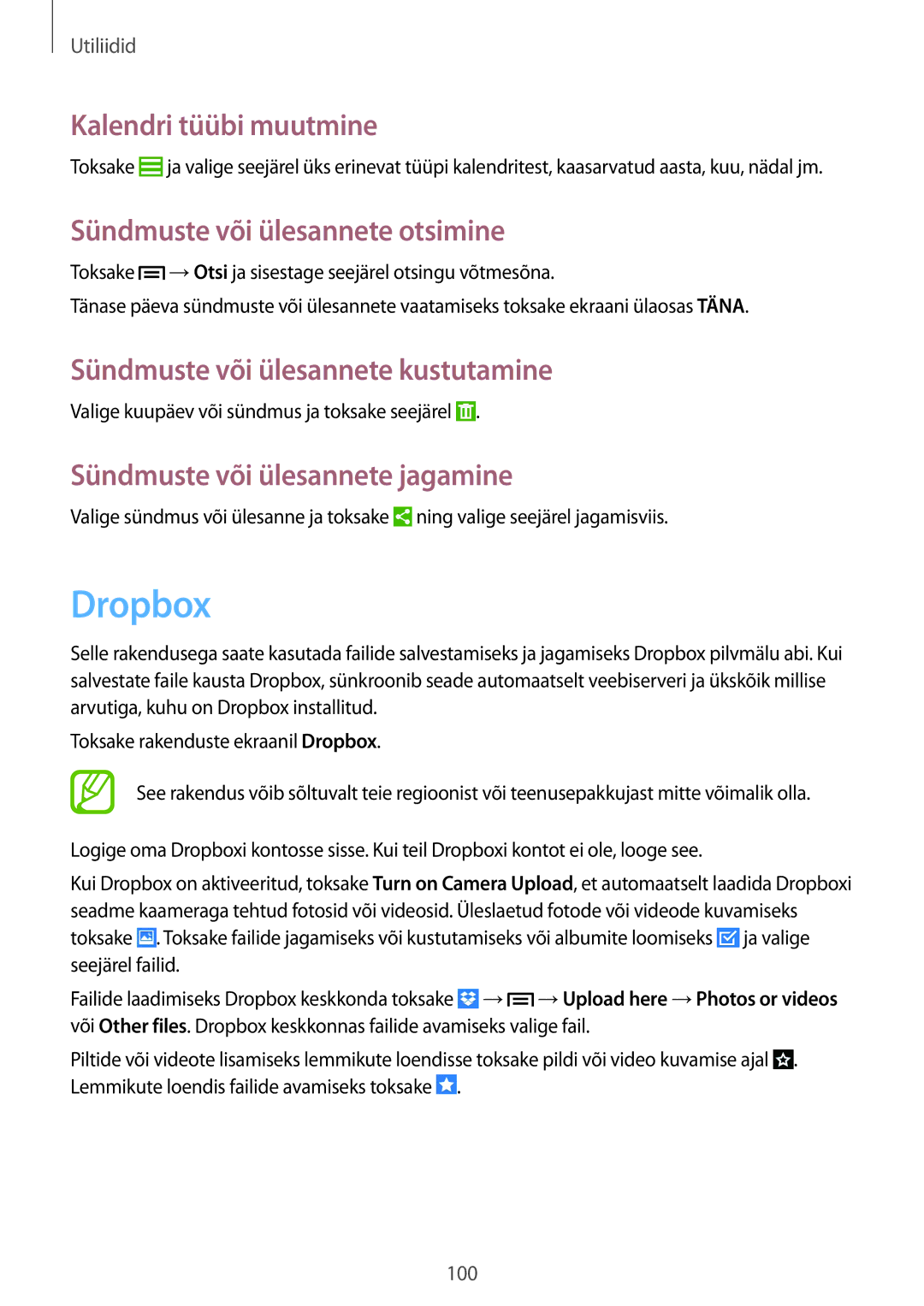 Samsung GT-I9505ZRASEB, GT-I9505ZRZSEB, GT-I9505DKYSEB Dropbox, Kalendri tüübi muutmine, Sündmuste või ülesannete otsimine 