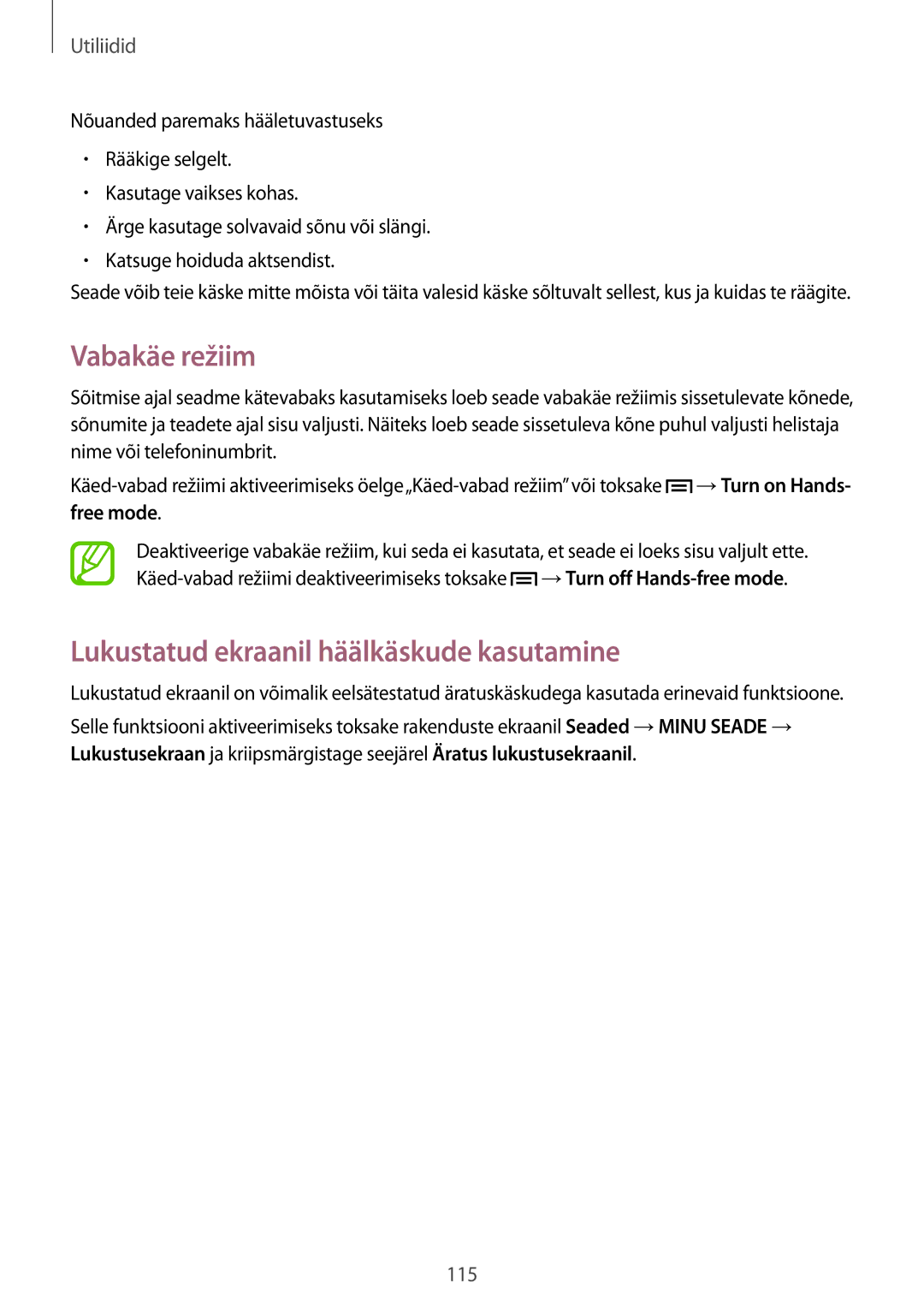 Samsung GT-I9505DKYSEB, GT-I9505ZRZSEB, GT-I9505ZWASEB manual Vabakäe režiim, Lukustatud ekraanil häälkäskude kasutamine 