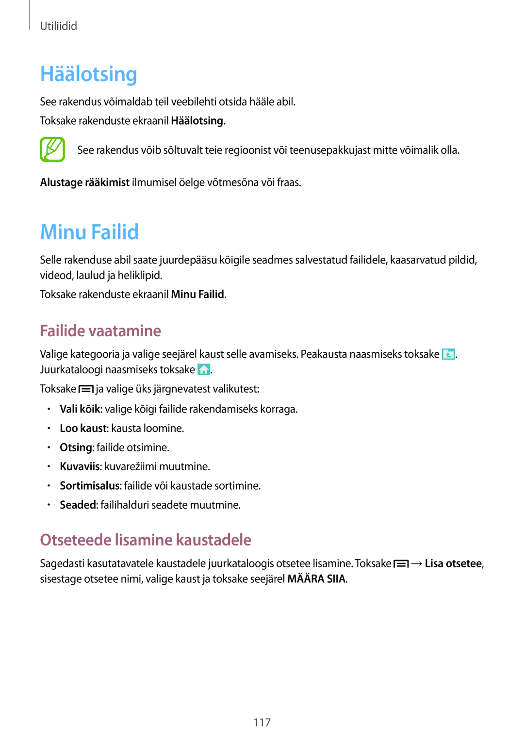 Samsung GT-I9505ZKASEB, GT-I9505ZRZSEB manual Häälotsing, Minu Failid, Failide vaatamine, Otseteede lisamine kaustadele 