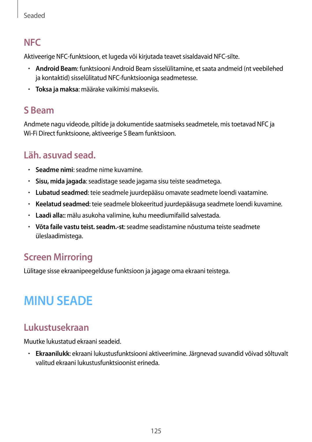 Samsung GT-I9505ZBASEB, GT-I9505ZRZSEB, GT-I9505DKYSEB manual Beam, Läh. asuvad sead, Screen Mirroring, Lukustusekraan 