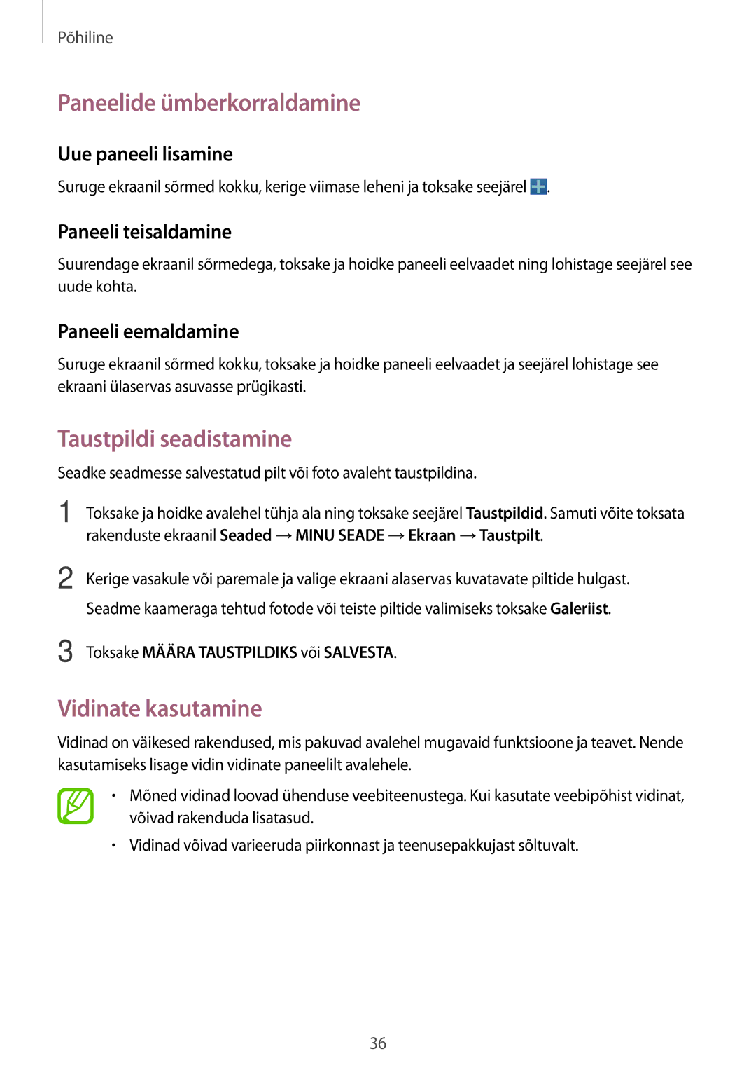 Samsung GT-I9505ZRZSEB, GT-I9505DKYSEB manual Paneelide ümberkorraldamine, Taustpildi seadistamine, Vidinate kasutamine 