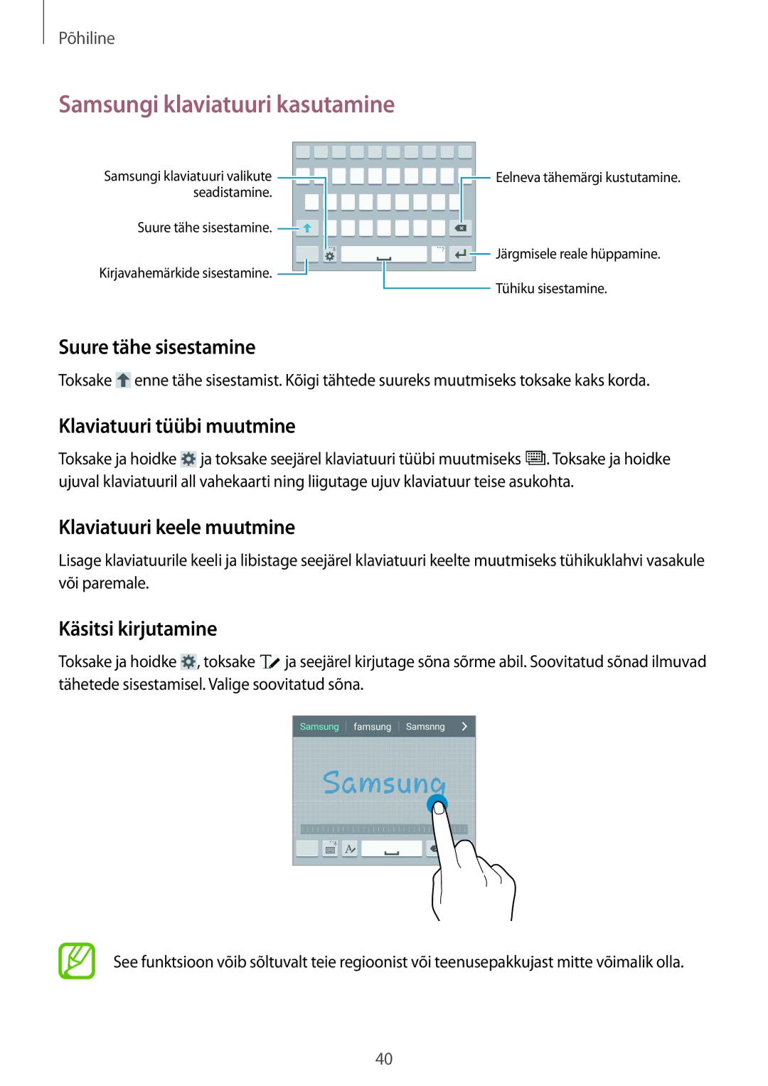 Samsung GT-I9505ZRASEB, GT-I9505ZRZSEB Samsungi klaviatuuri kasutamine, Suure tähe sisestamine, Klaviatuuri tüübi muutmine 