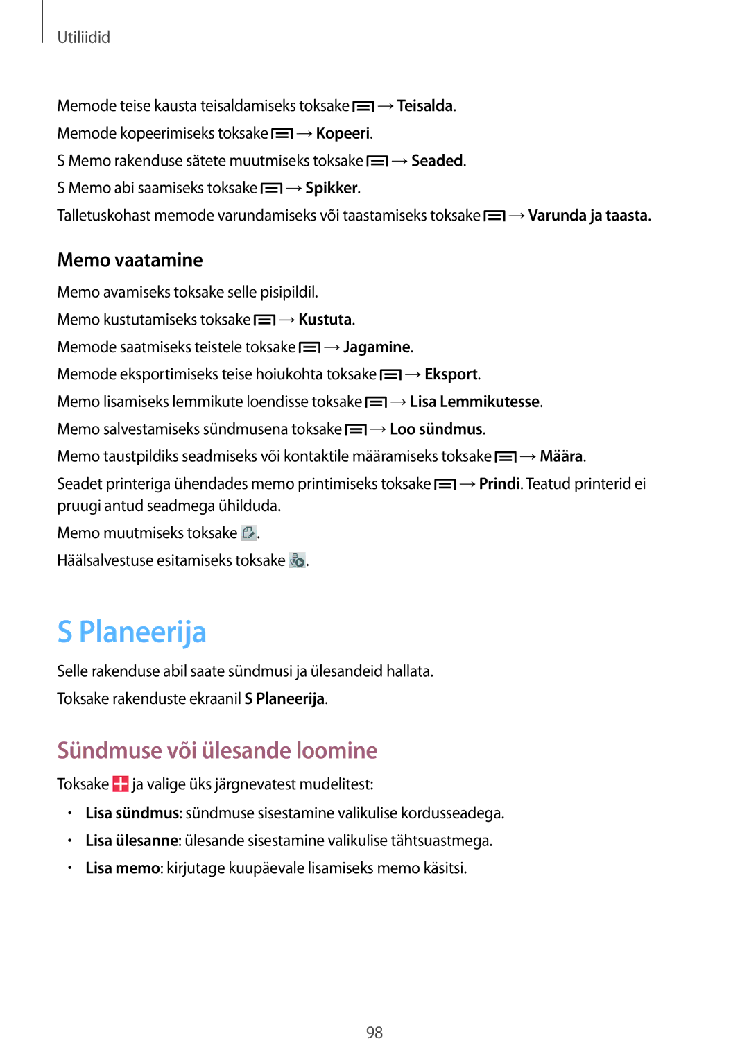 Samsung GT-I9505ZWASEB, GT-I9505ZRZSEB, GT-I9505DKYSEB manual Planeerija, Sündmuse või ülesande loomine, Memo vaatamine 