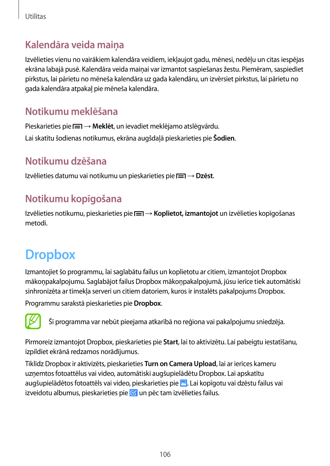 Samsung GT-I9505ZRASEB manual Dropbox, Kalendāra veida maiņa, Notikumu meklēšana, Notikumu dzēšana, Notikumu kopīgošana 