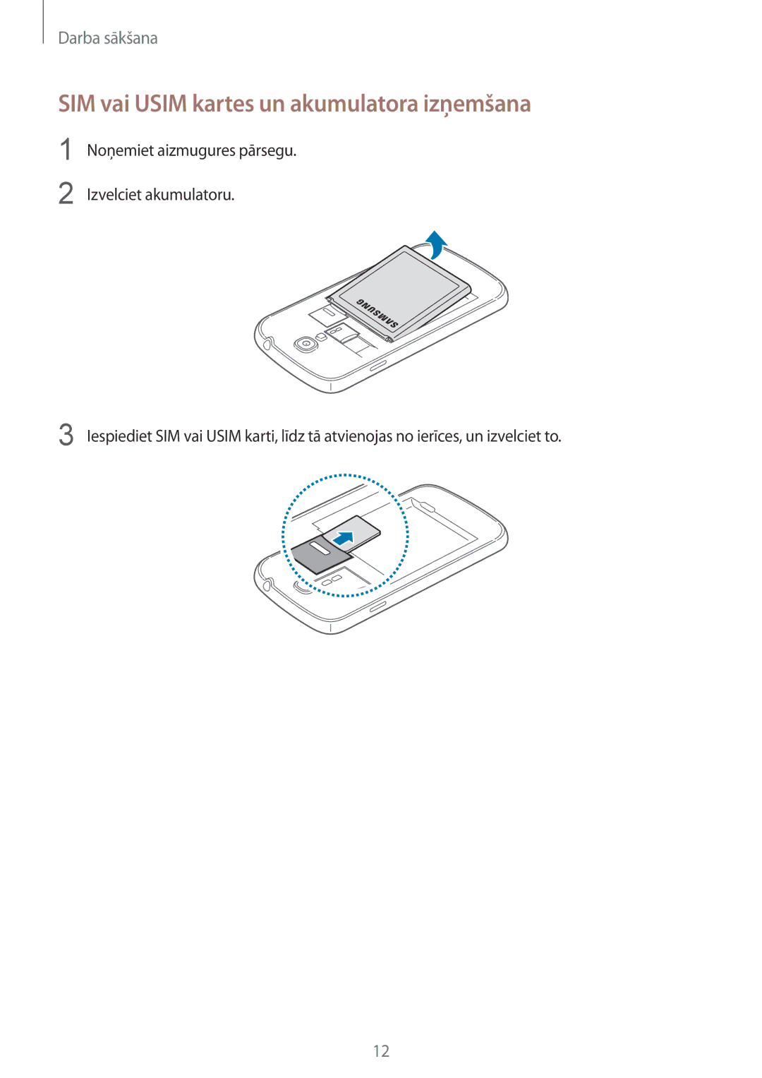 Samsung GT-I9505ZRZSEB, GT-I9505DKYSEB, GT-I9505ZWASEB, GT-I9505ZKASEB manual SIM vai Usim kartes un akumulatora izņemšana 