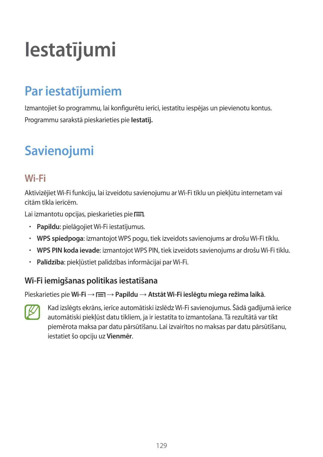 Samsung GT-I9505ZKASEB manual Iestatījumi, Par iestatījumiem, Savienojumi, Wi-Fi iemigšanas politikas iestatīšana 