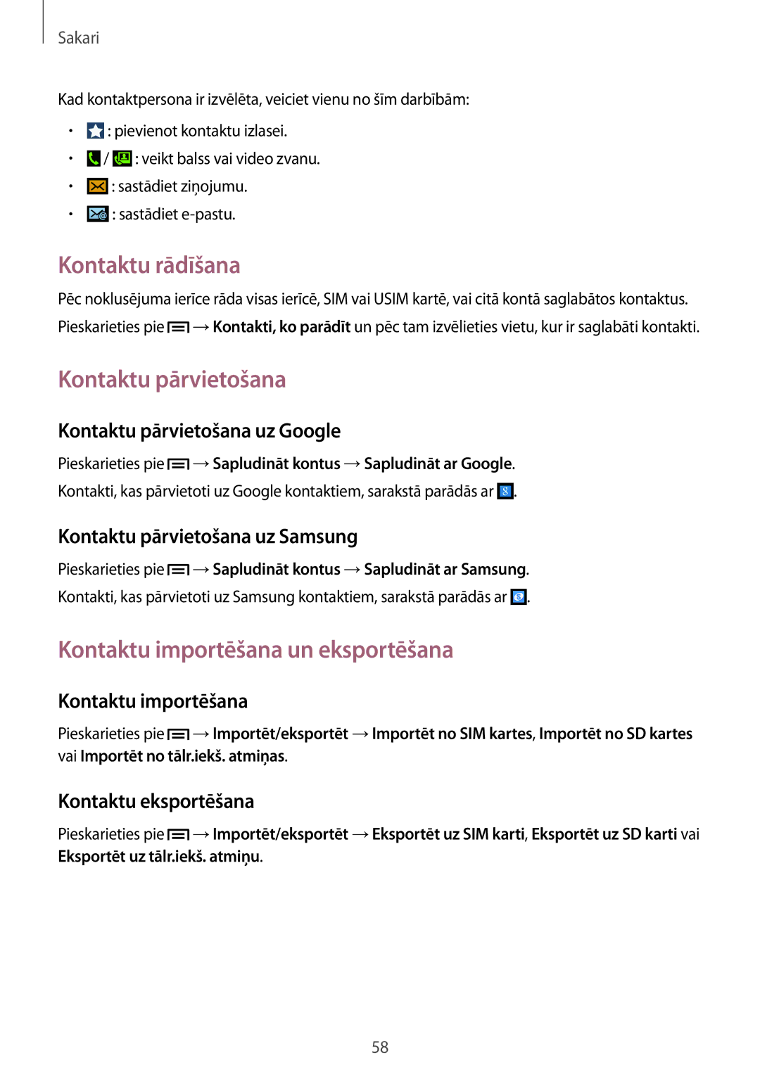 Samsung GT-I9505ZRASEB, GT-I9505ZRZSEB manual Kontaktu rādīšana, Kontaktu pārvietošana, Kontaktu importēšana un eksportēšana 