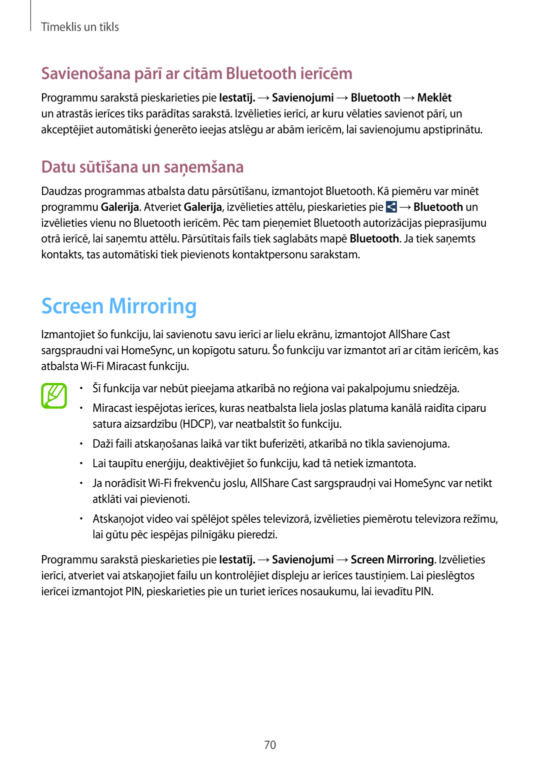 Samsung GT-I9505ZRASEB manual Screen Mirroring, Savienošana pārī ar citām Bluetooth ierīcēm, Datu sūtīšana un saņemšana 