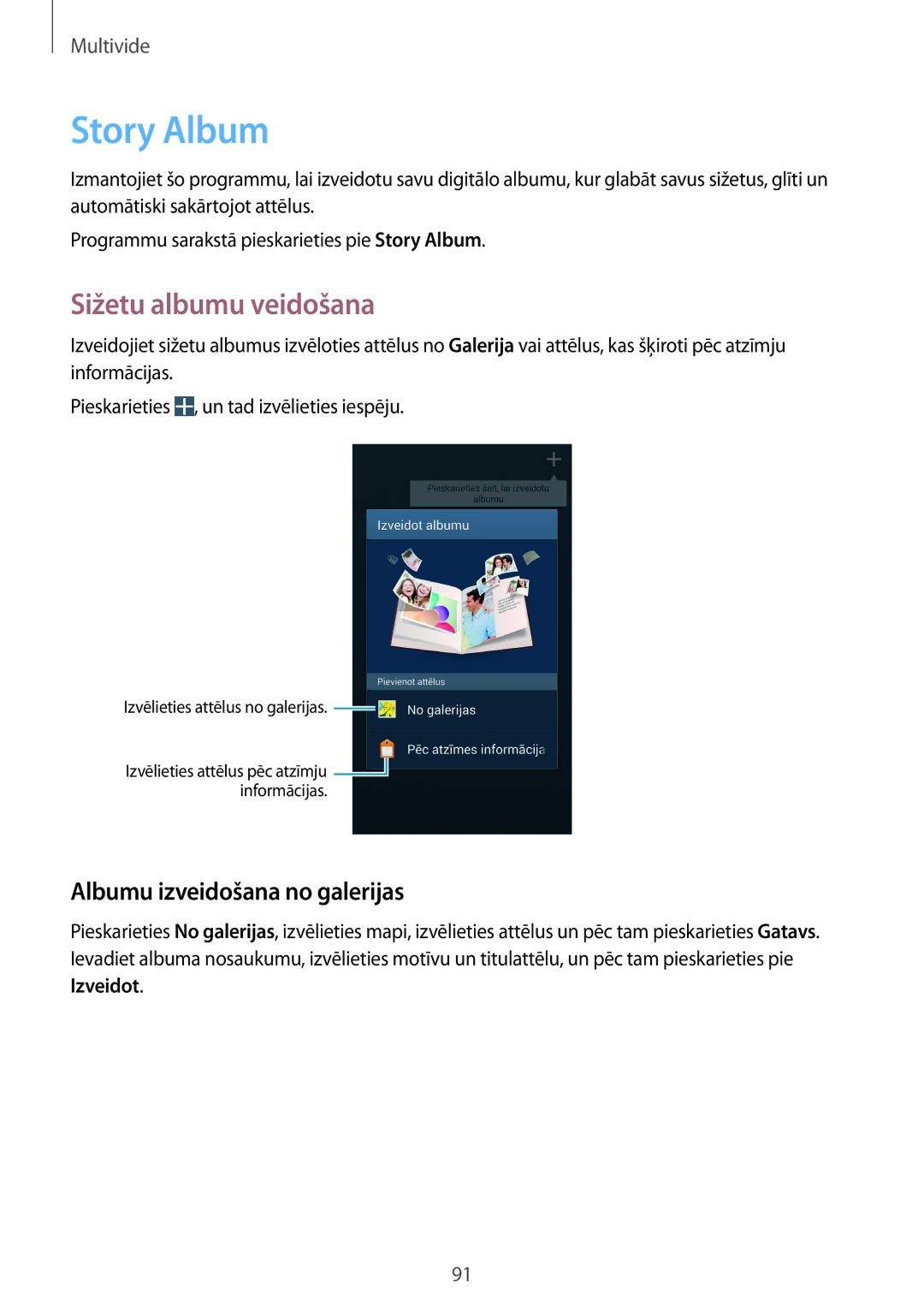 Samsung GT-I9505DKYSEB, GT-I9505ZRZSEB manual Story Album, Sižetu albumu veidošana, Albumu izveidošana no galerijas 