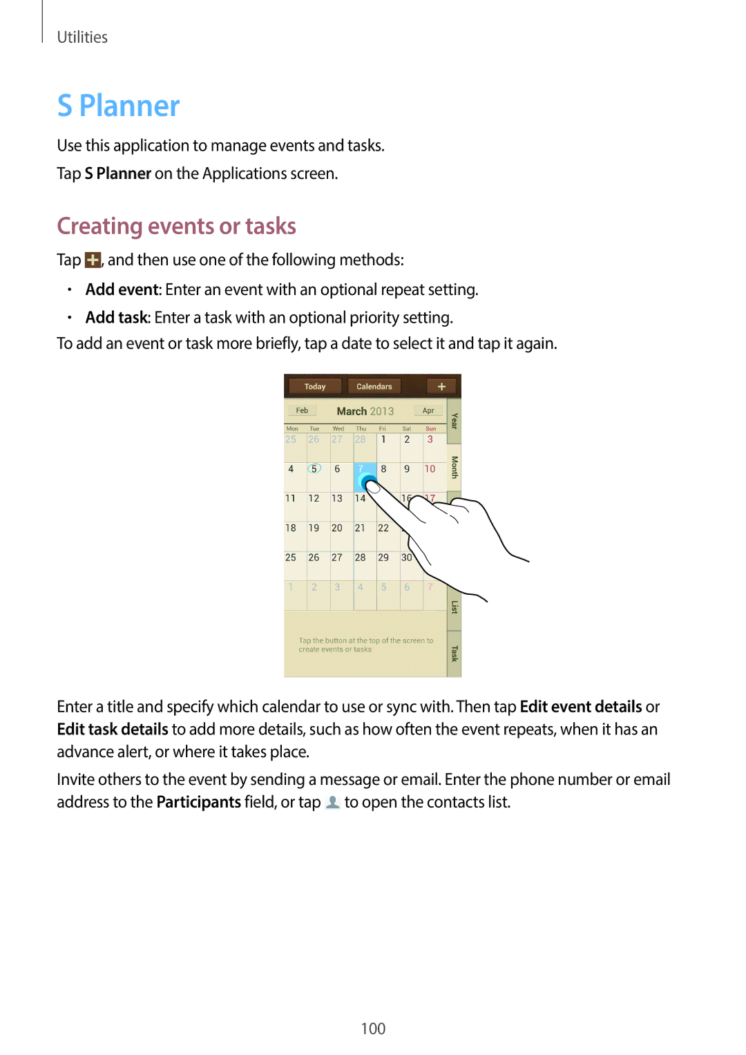 Samsung GT-I9505ZKAXEH, GT-I9505ZWAEPL, GT-I9505ZRADBT, GT-I9505ZKATPL, GT-I9505ZKADBT manual Planner, Creating events or tasks 