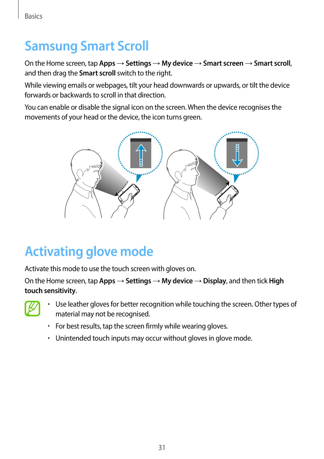 Samsung GT-I9505ZWAXEO, GT-I9505ZWAEPL, GT-I9505ZRADBT, GT-I9505ZKATPL manual Samsung Smart Scroll, Activating glove mode 