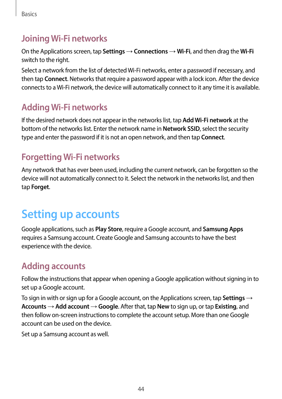 Samsung GT-I9505ZKAVIA manual Setting up accounts, Joining Wi-Fi networks, Adding Wi-Fi networks, Forgetting Wi-Fi networks 
