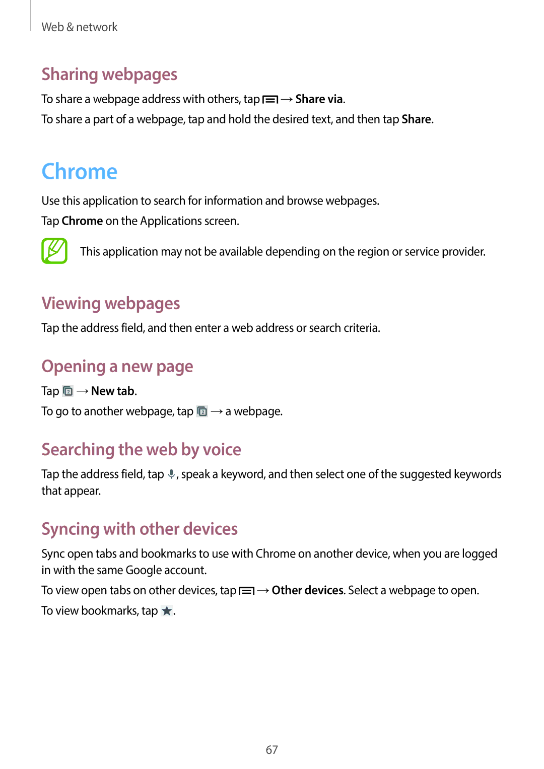 Samsung GT-I9505ZWABOG Chrome, Sharing webpages, Searching the web by voice, Syncing with other devices, Tap →New tab 