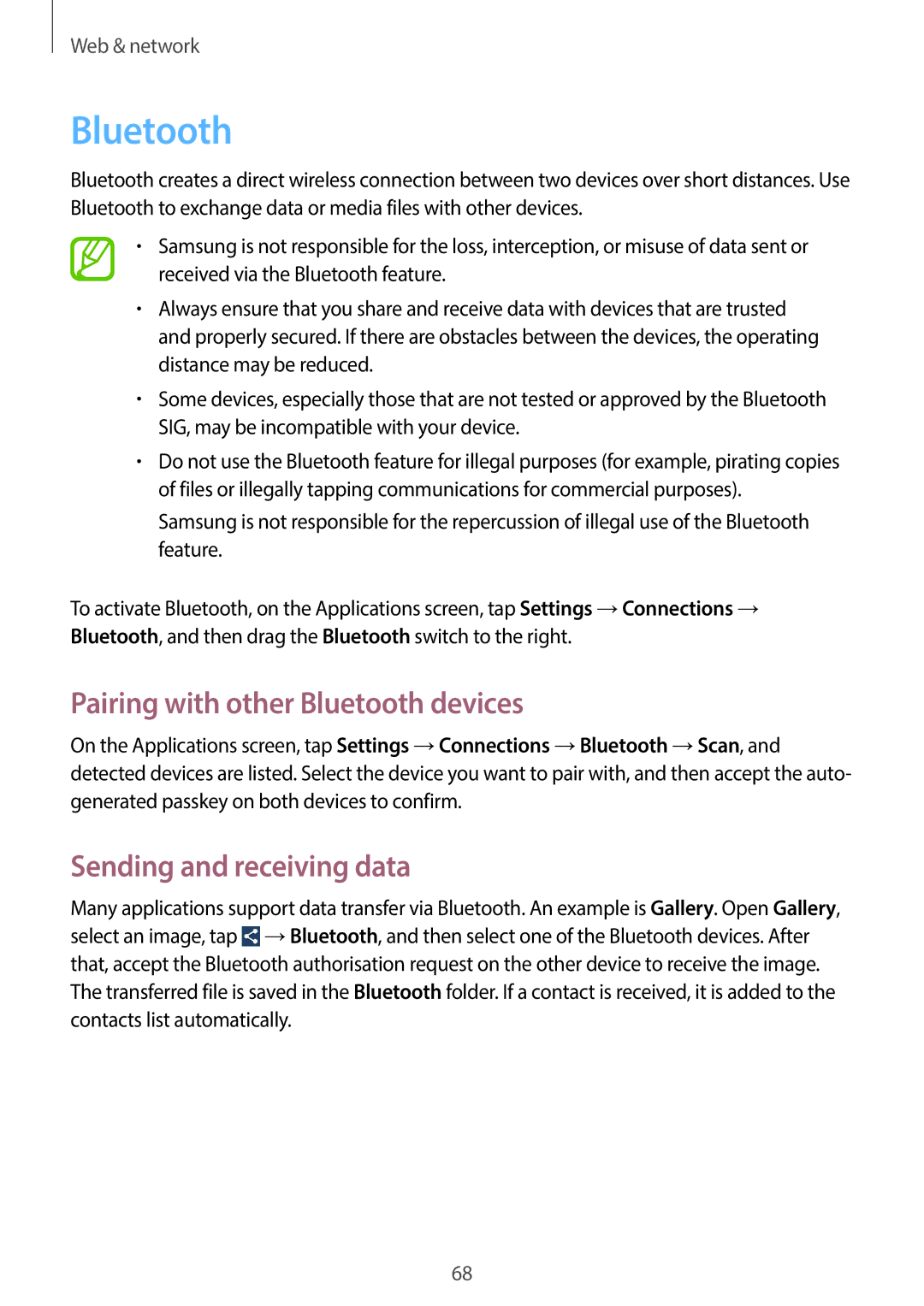 Samsung GT-I9505ZKAFTM, GT-I9505ZWAEPL, GT-I9505ZRADBT Pairing with other Bluetooth devices, Sending and receiving data 