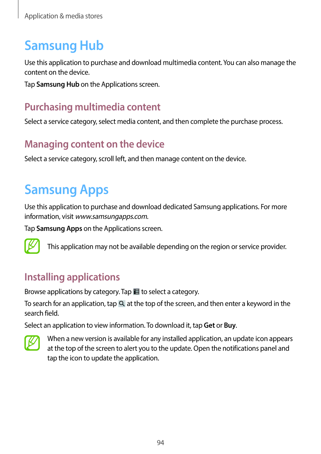 Samsung GT-I9505ZWAAMN manual Samsung Hub, Samsung Apps, Purchasing multimedia content, Managing content on the device 