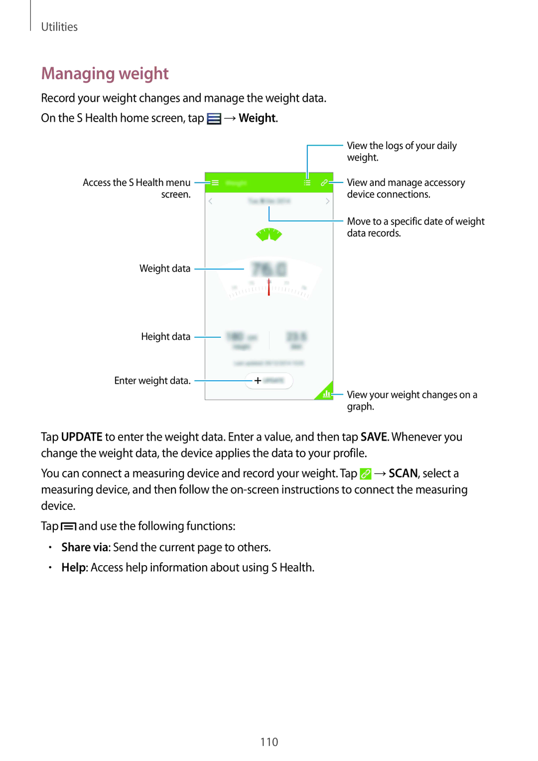 Samsung GT-I9505ZRAYOG, GT-I9505ZWAEPL, GT-I9505ZRADBT, GT-I9505ZKATPL, GT-I9505ZKADBT manual Managing weight, →Weight 