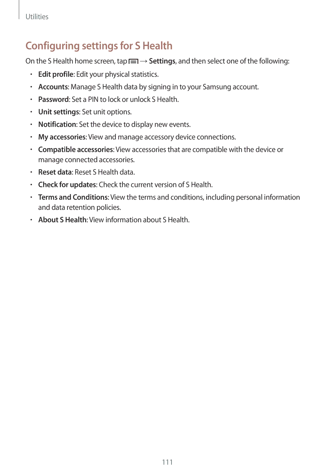 Samsung GT-I9505ZRAETL, GT-I9505ZWAEPL, GT-I9505ZRADBT, GT-I9505ZKATPL, GT-I9505ZKADBT manual Configuring settings for S Health 