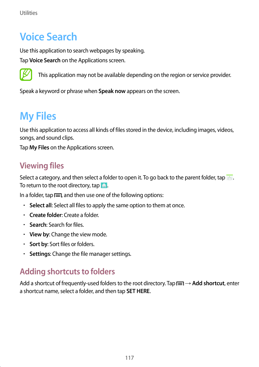 Samsung GT-I9505ZRAORX, GT-I9505ZWAEPL, GT-I9505ZRADBT Voice Search, My Files, Viewing files, Adding shortcuts to folders 