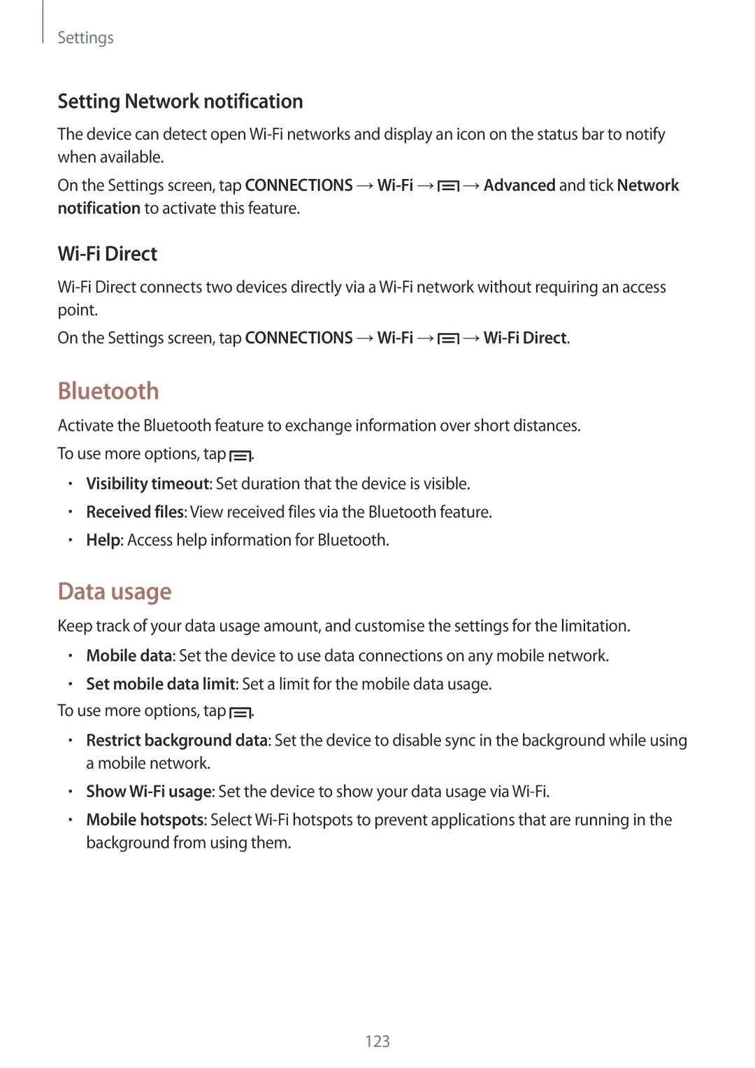 Samsung GT-I9505ZKASEB, GT-I9505ZWAEPL, GT-I9505ZRADBT Bluetooth, Data usage, Setting Network notification, Wi-Fi Direct 