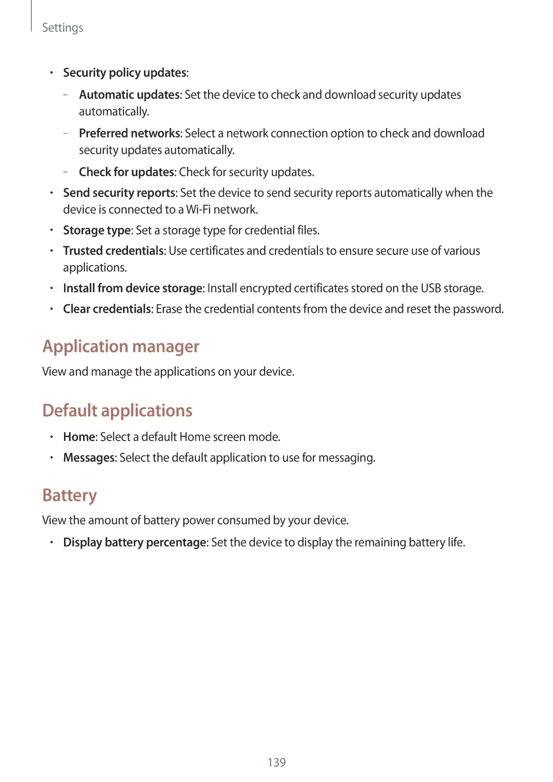 Samsung GT-I9505ZBAKSA, GT-I9505ZWAEPL manual Application manager, Default applications, Battery, Security policy updates 