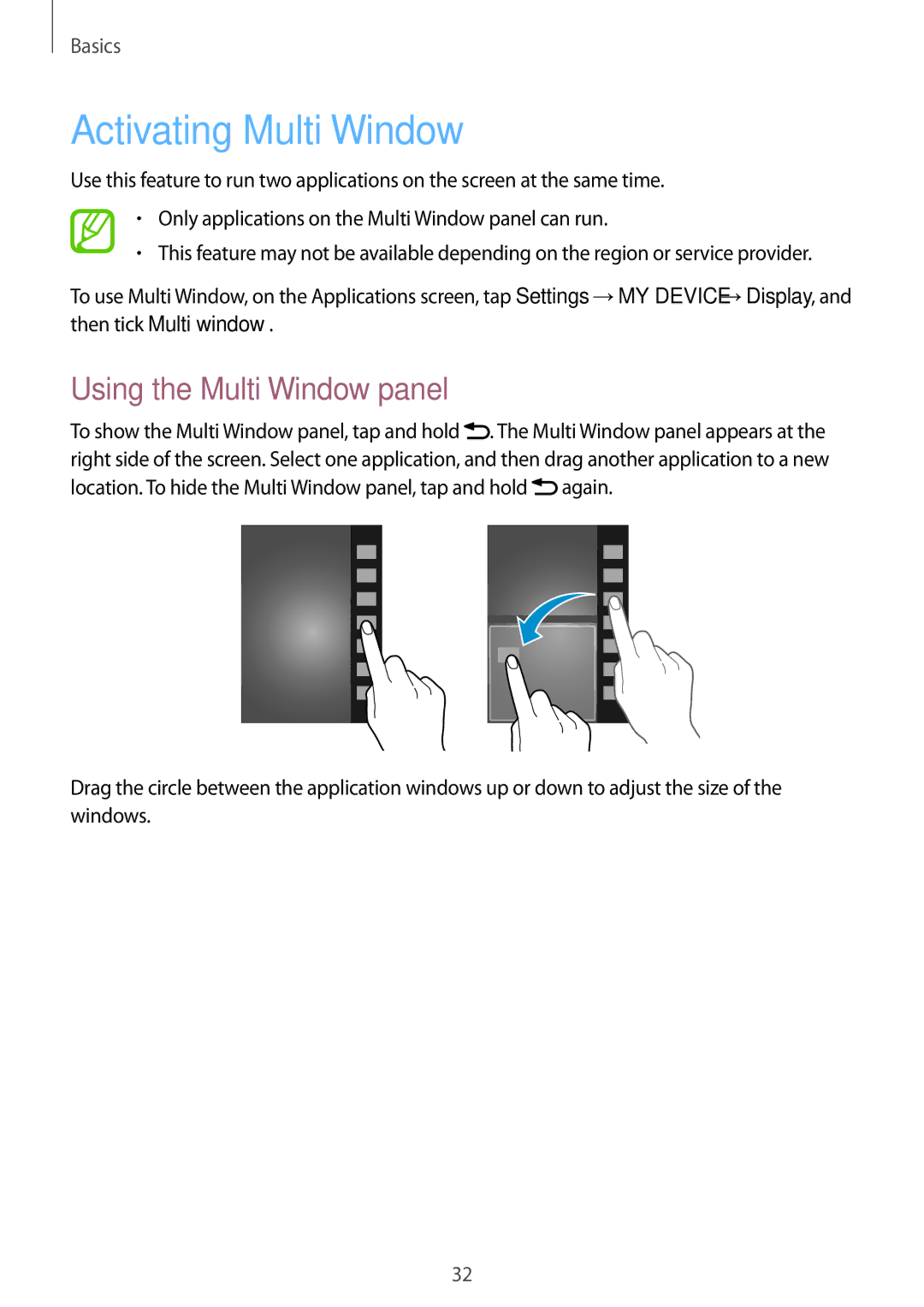 Samsung GT-I9505ZWATPH, GT-I9505ZWAEPL, GT-I9505ZRADBT, GT-I9505ZKATPL Activating Multi Window, Using the Multi Window panel 