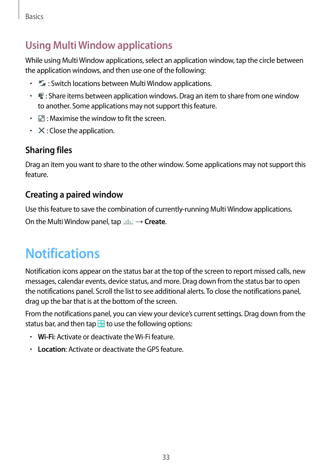 Samsung GT-I9505ZWATMN manual Notifications, Using Multi Window applications, Sharing files, Creating a paired window 