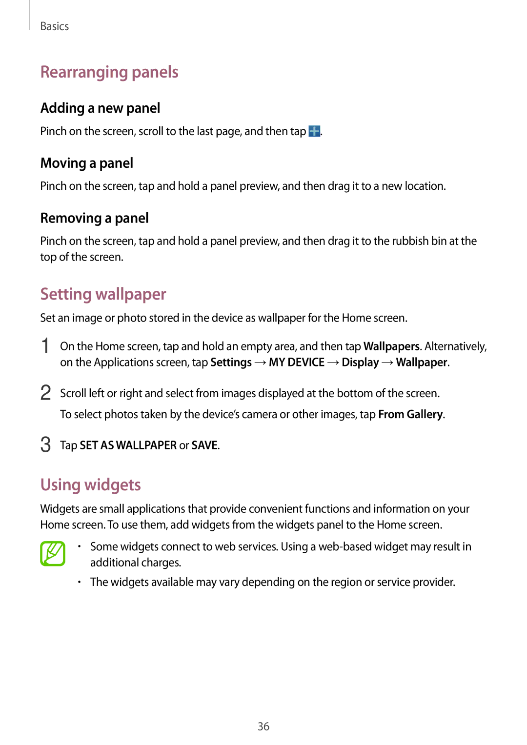 Samsung GT-I9505DKYPLS, GT-I9505ZWAEPL, GT-I9505ZRADBT, GT-I9505ZKATPL Rearranging panels, Setting wallpaper, Using widgets 